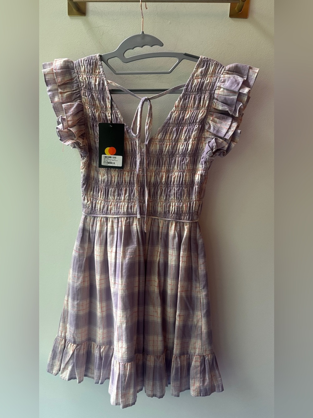 NWT. En Saison, Purple Plaid Smocked Ruffle Mini Dress P2P 15 Size S | 521